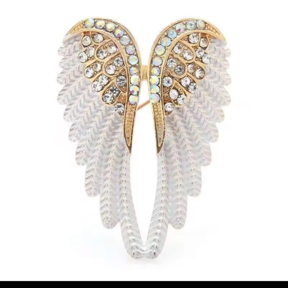 Crystal Angel Wing Pin - Gold & Iridescent White